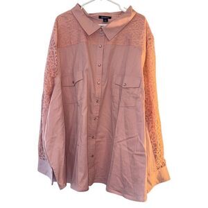 Roaman's Women's Plus Pink Lace-Sleeve Denim Bohemian Button-Up Shirt‎ Size 40
